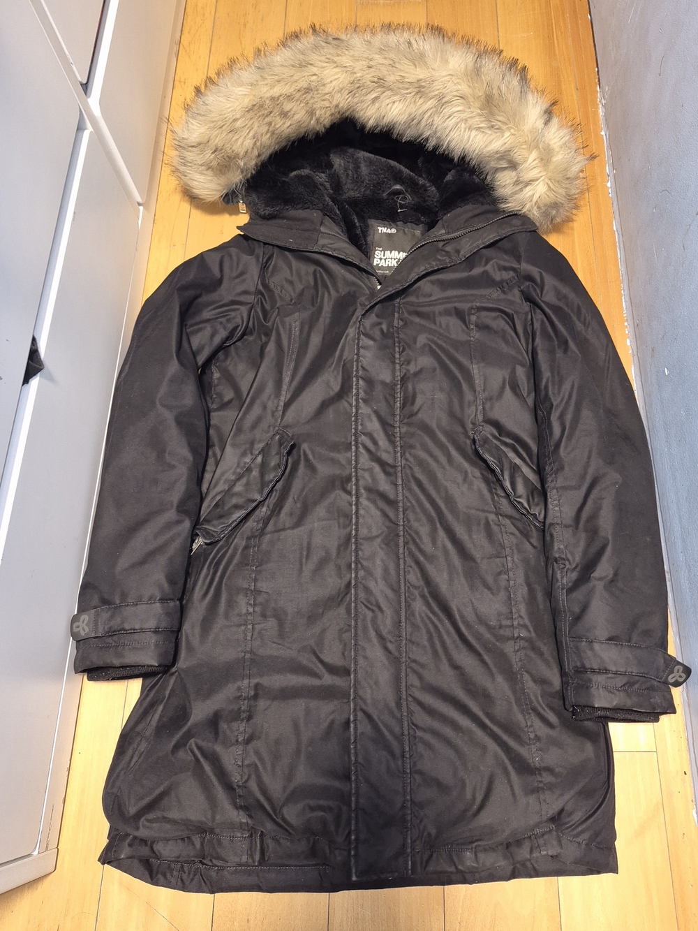 TNA Black Women's Parka with Faux Fur Trim Hood